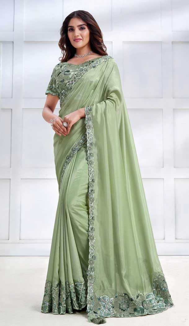 Pista Tusser Silk Embroidery Work Party Wear Designer Saree - 8207181077