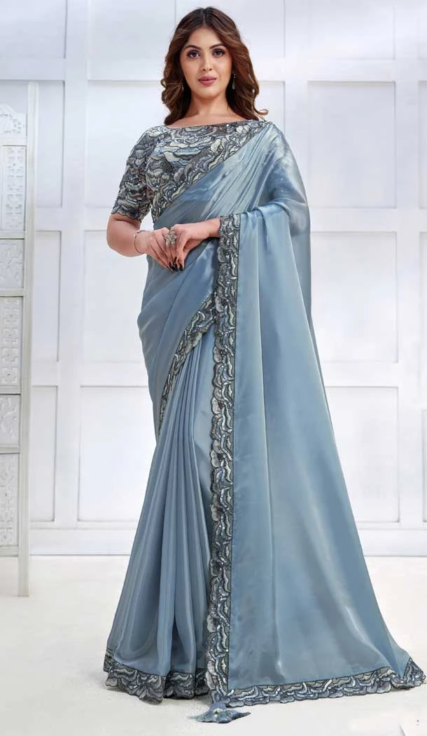 Blue Crepe Satin Silk Embroidery Work Party Wear Designer Saree - 8207181078