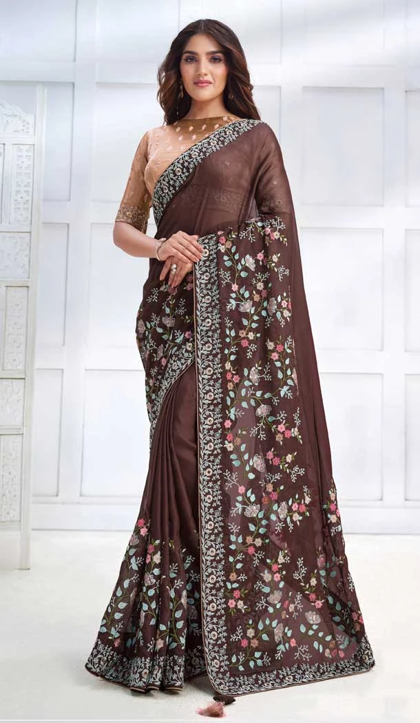 Coffee Two Tone Georgette Silk Embroidery Work Party Wear Designer Saree - 8207181079