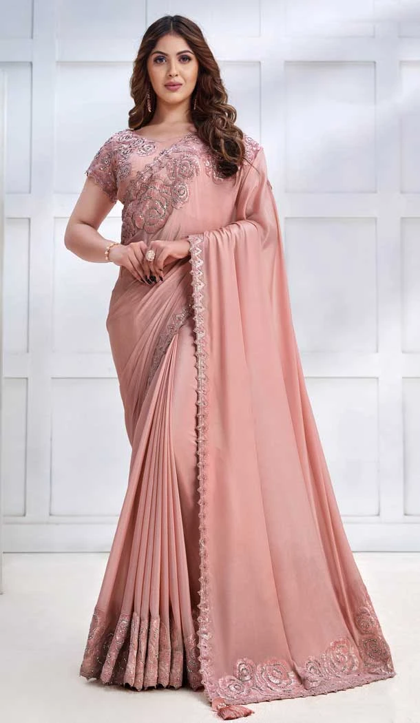 Peach Pure Crepe Georgette Embroidery Work Party Wear Designer Saree - 8207181080