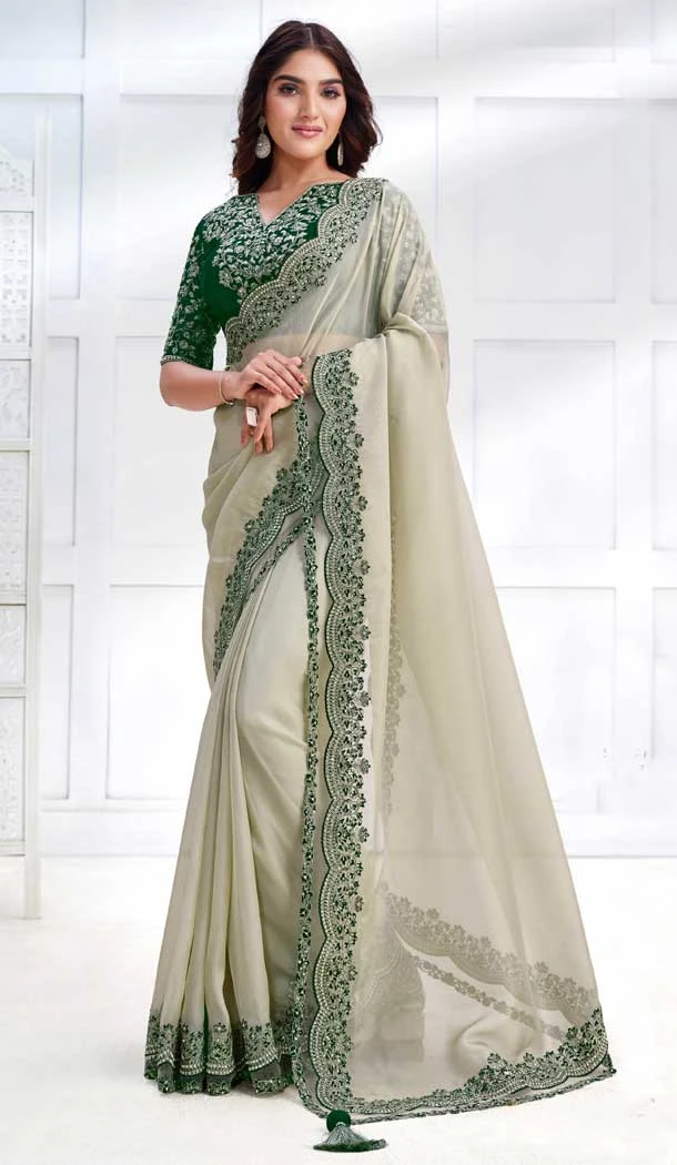 Off White Net Organza Georgette Embroidery Work Party Wear Designer Saree - 8207181081