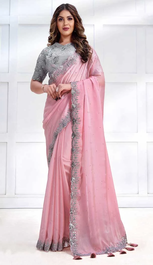 Pink Crepe Satin Silk Embroidery Work Party Wear Designer Saree - 8207181082 Pink Crepe Satin Silk Embroidery Work Party Wear Designer Saree - 8207181082
