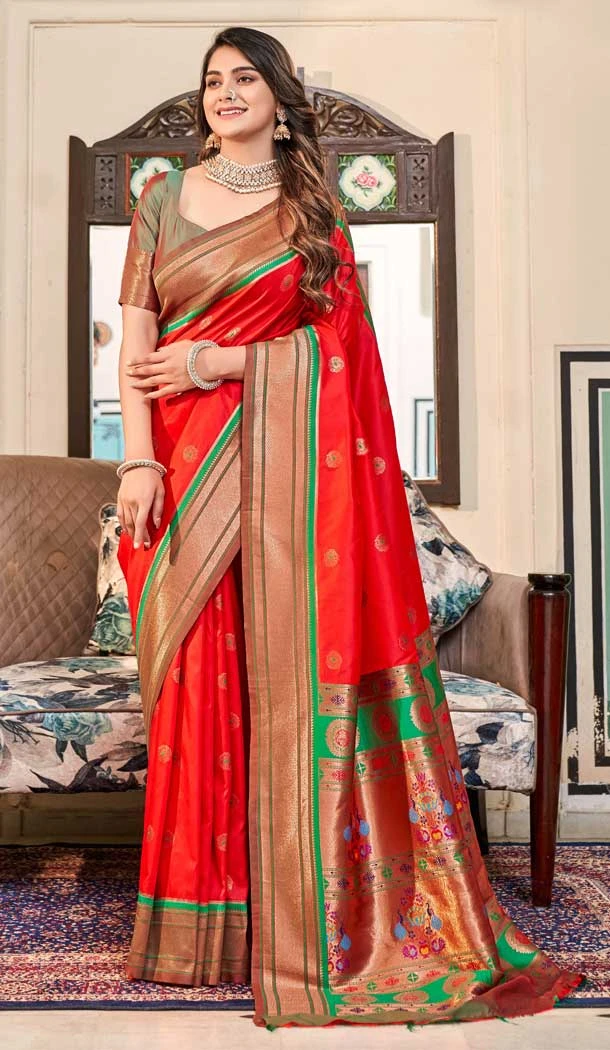 Party Wear Red Heavy Soft Silk With Woven Work Designer Saree - 8216181119