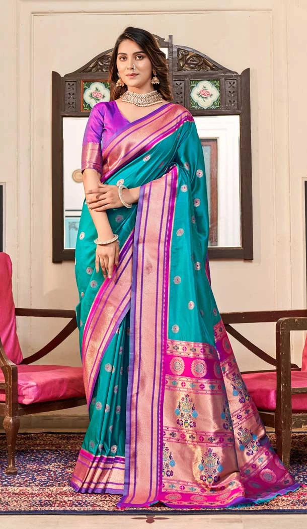 Party Wear Rama Blue Heavy Soft Silk With Woven Work Designer Saree - 8216181124