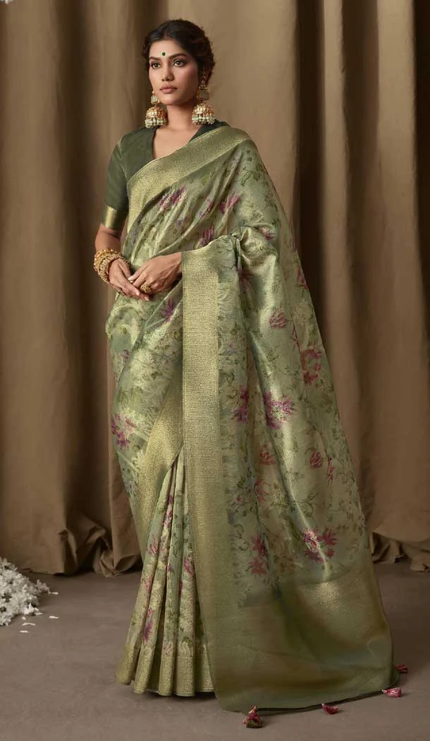 Banarasi Jacquard Digital Print Work Designer Party Wear Saree In Mehendi Color - 8222181167