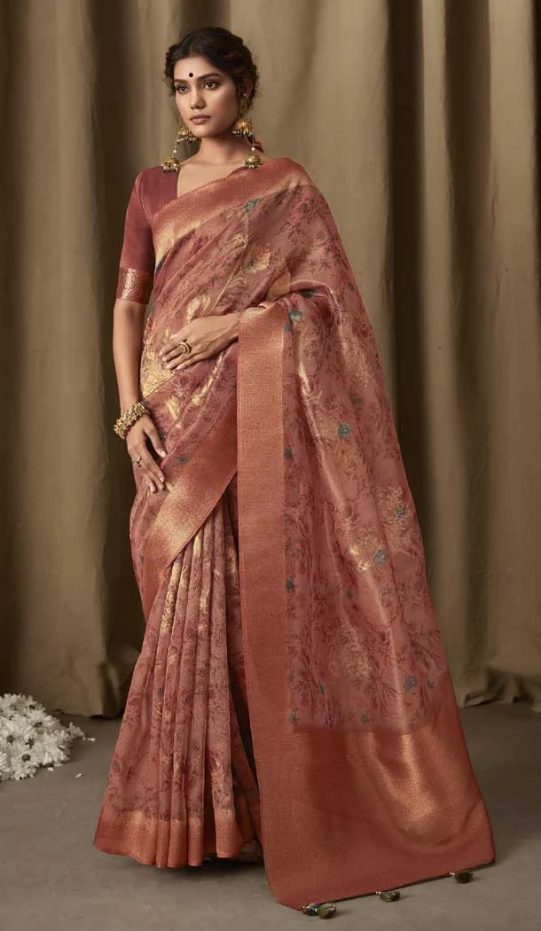 Banarasi Jacquard Digital Print Work Designer Party Wear Saree In Pink Color - 8222181168