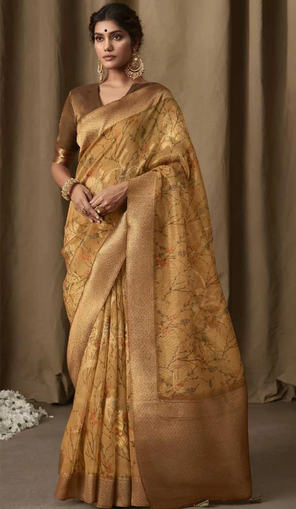 Banarasi Jacquard Digital Print Work Designer Party Wear Saree In Brown Color - 8222181169