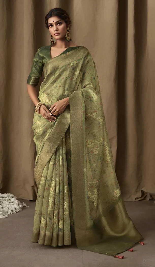 Banarasi Jacquard Digital Print Work Designer Party Wear Saree In Green Color - 8222181170