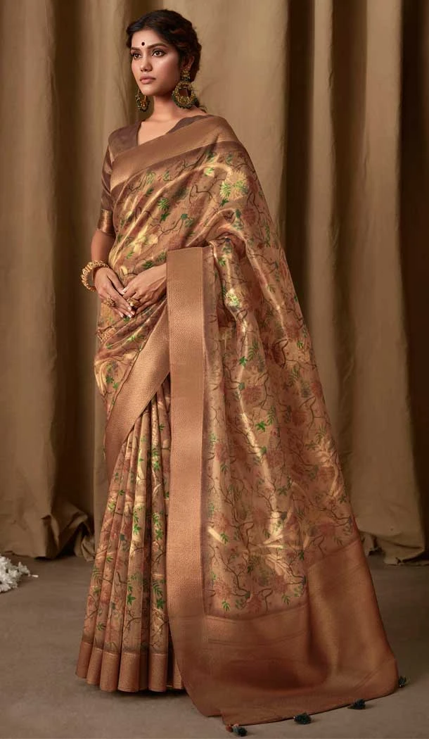 Banarasi Jacquard Digital Print Work Designer Party Wear Saree In Coffee Color - 8222181171