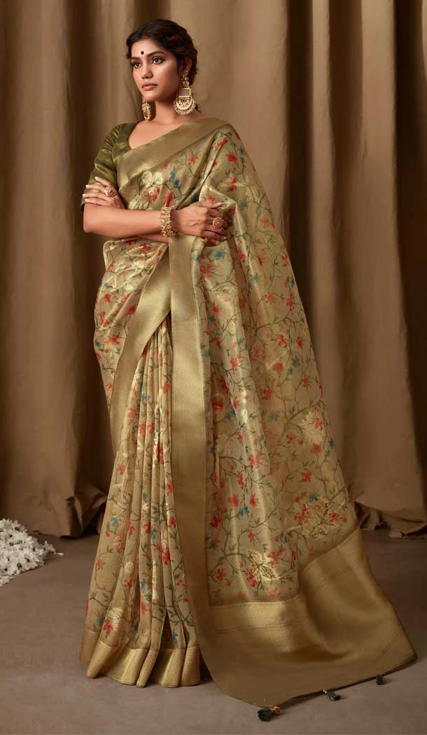 Banarasi Jacquard Digital Print Work Designer Party Wear Saree In Green Gold Color - 8222181172