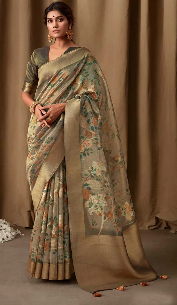 Banarasi Jacquard Digital Print Work Designer Party Wear Saree In Sea Green Color - 8222181173