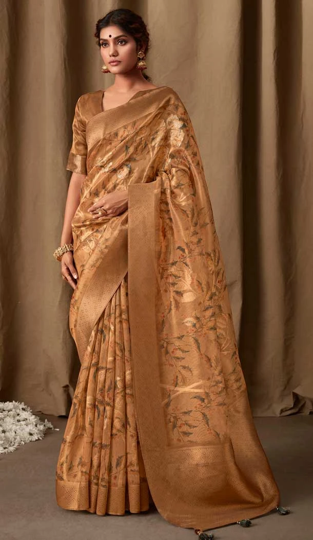 Coffee Color Banarasi Jacquard Digital Print Work Designer Party Wear Saree - 8222181174