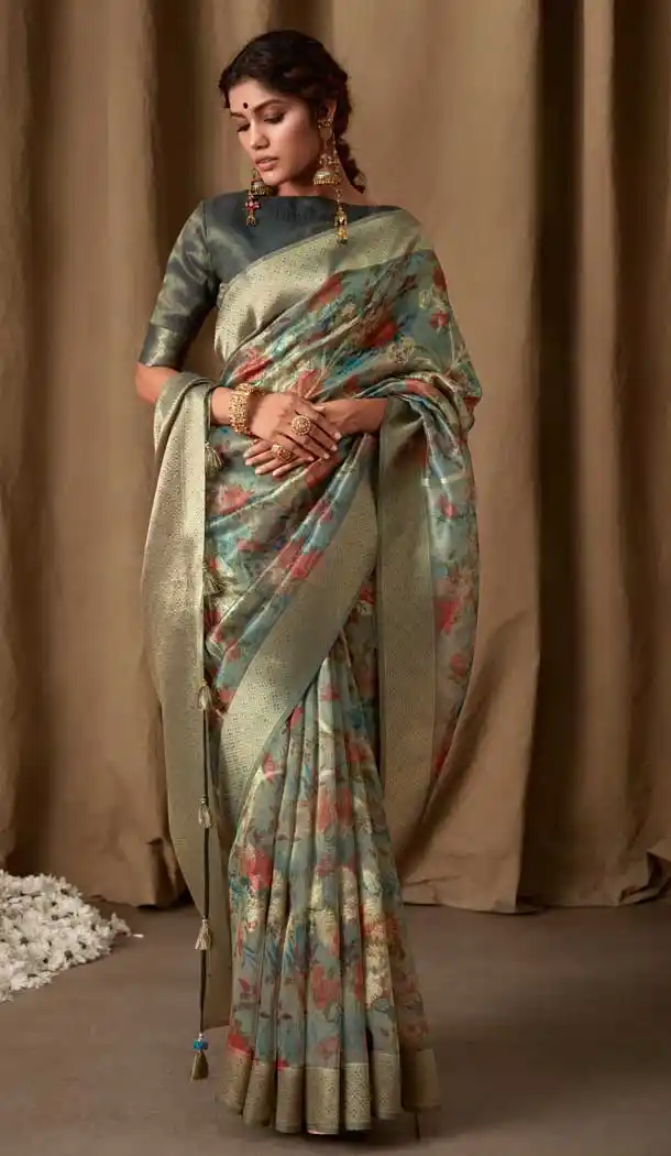 Green Color Banarasi Jacquard Digital Print Work Designer Party Wear Saree  - 8222181175