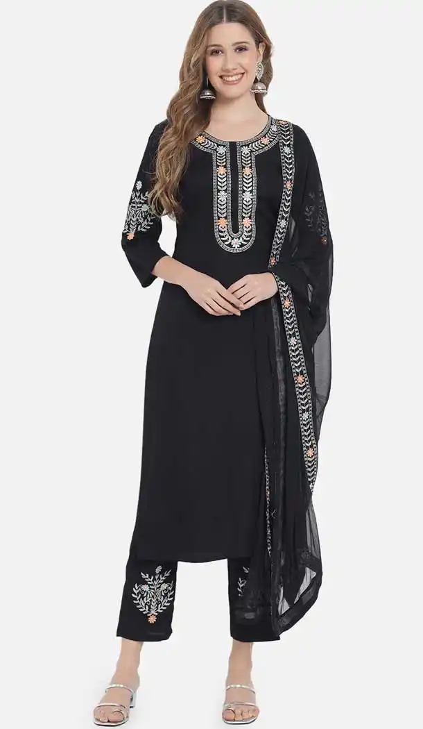 Black Embroidered Rayon Readymade Party Wear Salwar Kameez - 8225181194