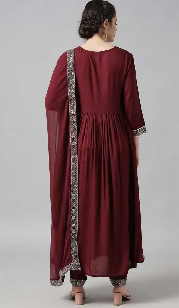 Maroon Embroidered Rayon Readymade Party Wear Salwar Kameez - 8225181195