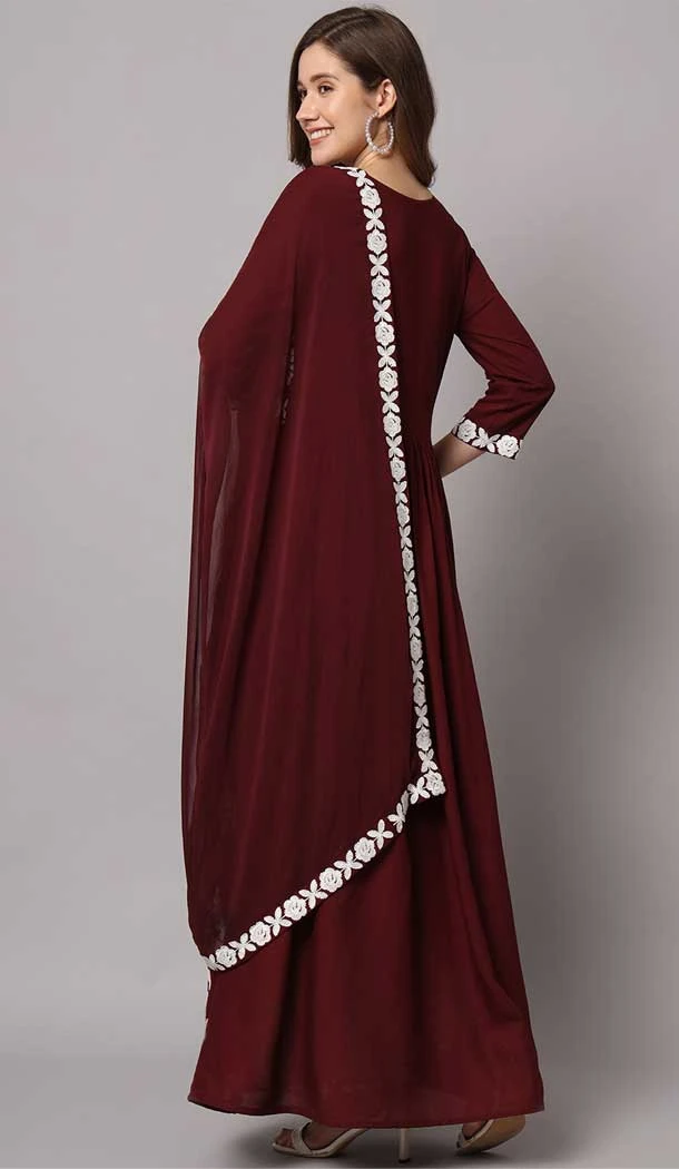 Wine Embroidered Rayon Readymade Party Wear Salwar Kameez - 8225181197