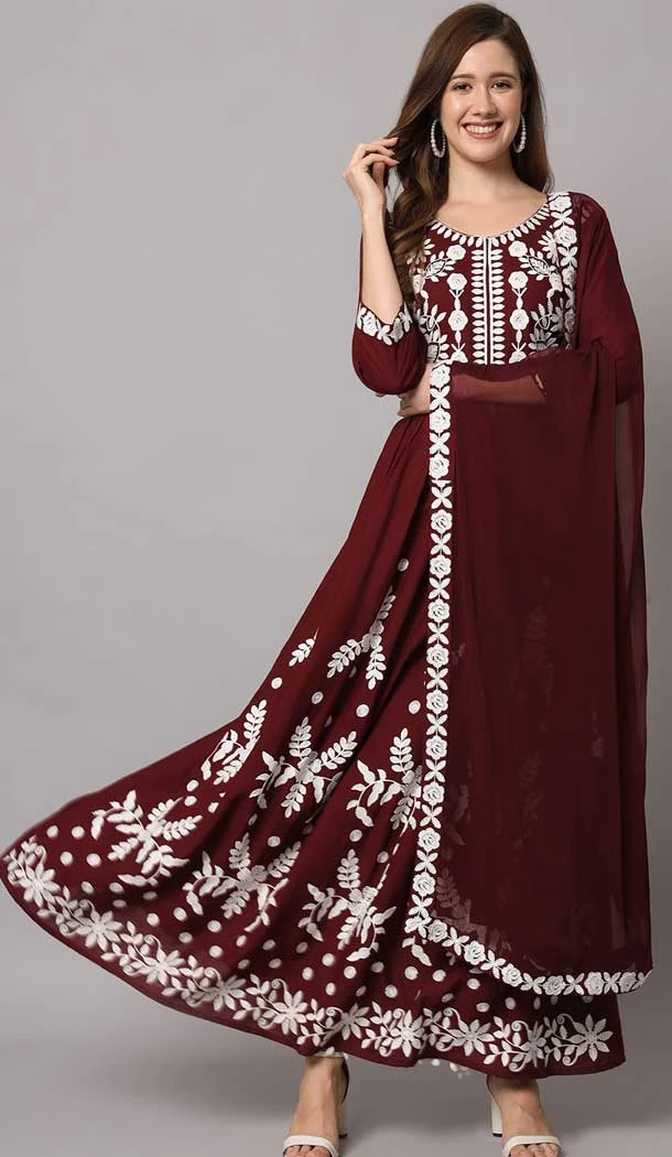 Wine Embroidered Rayon Readymade Party Wear Salwar Kameez - 8225181197