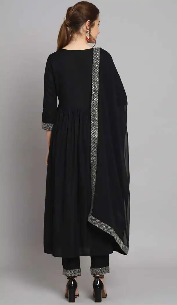 Embroidered Black Rayon Readymade Party Wear Salwar Kameez - 8225181199