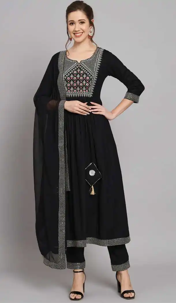 Embroidered Black Rayon Readymade Party Wear Salwar Kameez - 8225181199
