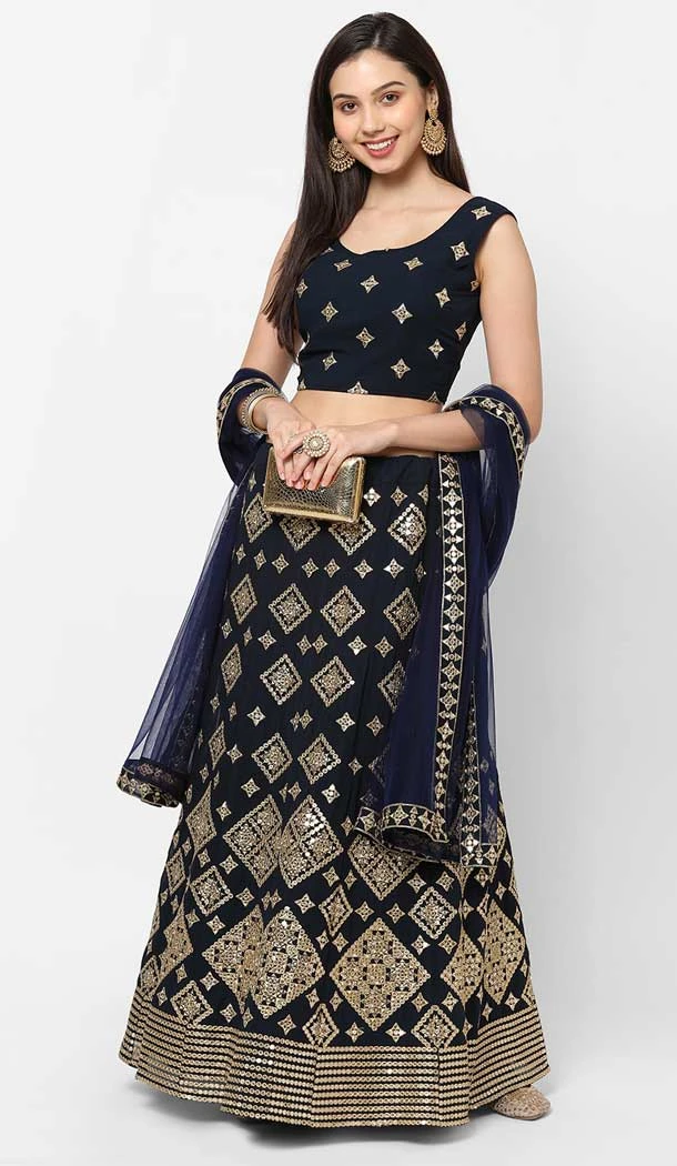 Party Wear Georgette Navy Blue Mirror Work Designer Lehenga Choli - 8229181218