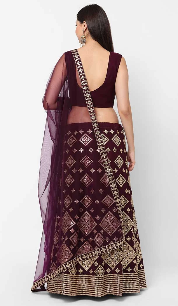 Party Wear Georgette Wine Mirror Work Designer Lehenga Choli - 8229181219