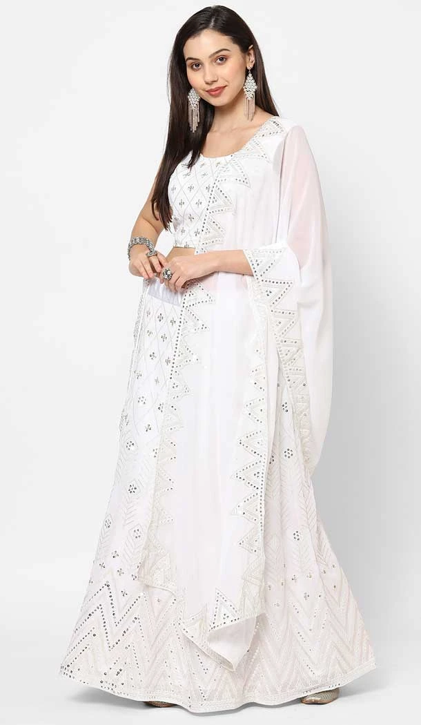 Party Wear Georgette White Sequinned Work Designer Lehenga Choli - 8229181220