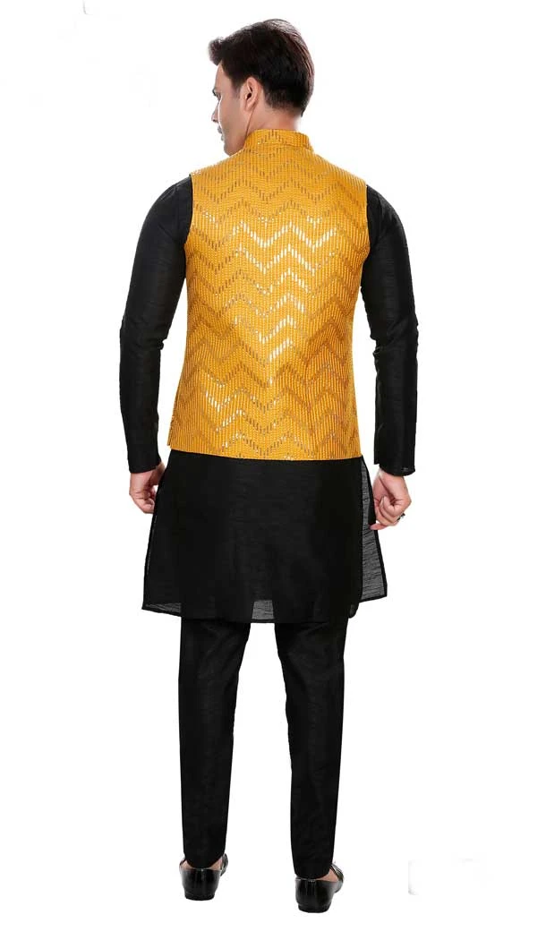 Art Silk Black Resham Work Designer Men's Readymade Kurta Pajama - 8220181149