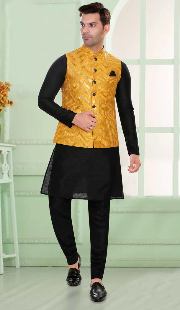 Art Silk Black Resham Work Designer Men's Readymade Kurta Pajama - 8220181149