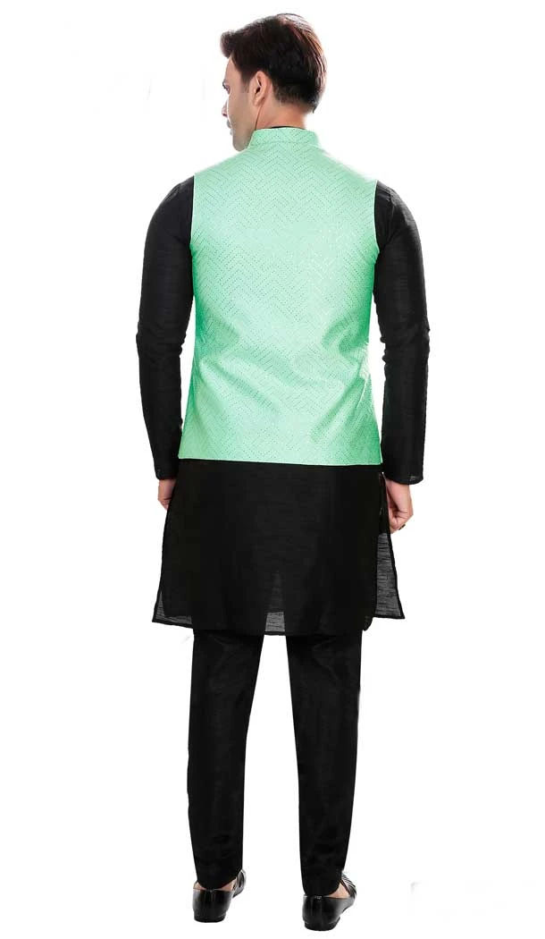Art Silk Black Woven Work Designer Men's Readymade Kurta Pajama - 8220181150