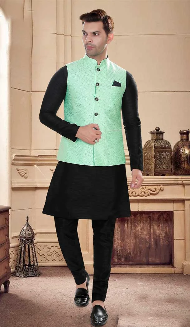Art Silk Black Woven Work Designer Men's Readymade Kurta Pajama - 8220181150