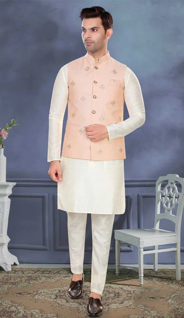 Art Silk Cream Resham Work Designer Men's Readymade Kurta Pajama - 8220181154