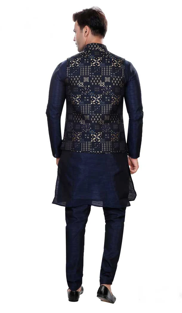Art Silk Navy Blue Woven Work Designer Men's Readymade Kurta Pajama - 8220181155