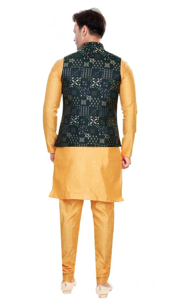 Art Silk Yellow Woven Work Designer Men's Readymade Kurta Pajama - 8220181156