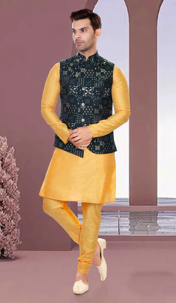 Art Silk Yellow Woven Work Designer Men's Readymade Kurta Pajama - 8220181156