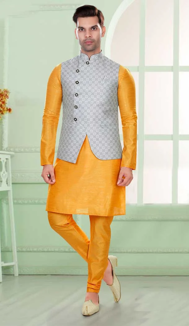 Art Silk Yellow Digital Print Work Designer Men's Readymade Kurta Pajama - 8220181158