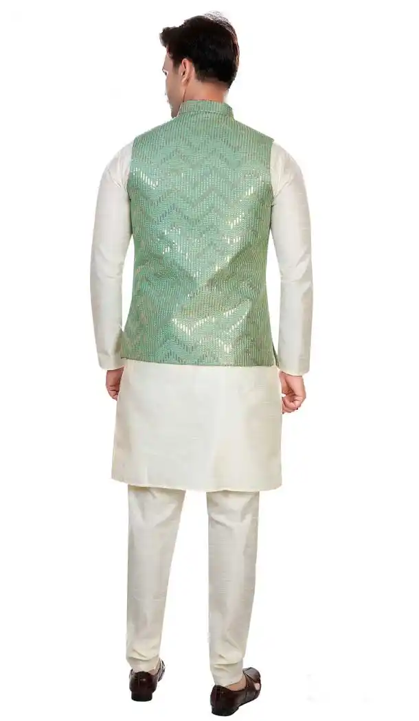 Cream Art Silk Resham Work Designer Men's Readymade Kurta Pajama - 8220181159