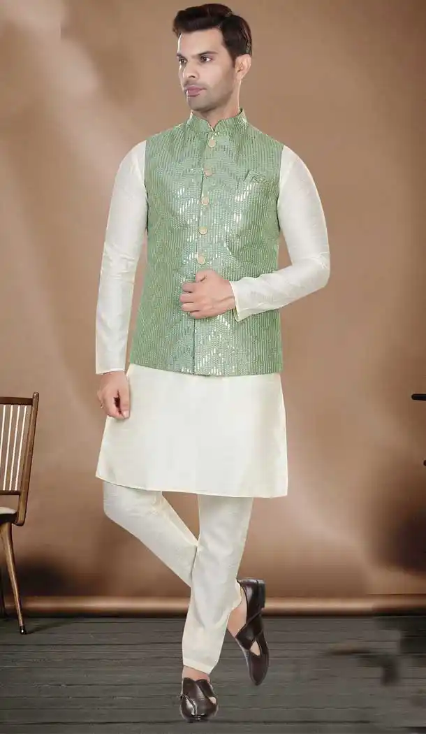 Cream Art Silk Resham Work Designer Men's Readymade Kurta Pajama - 8220181159