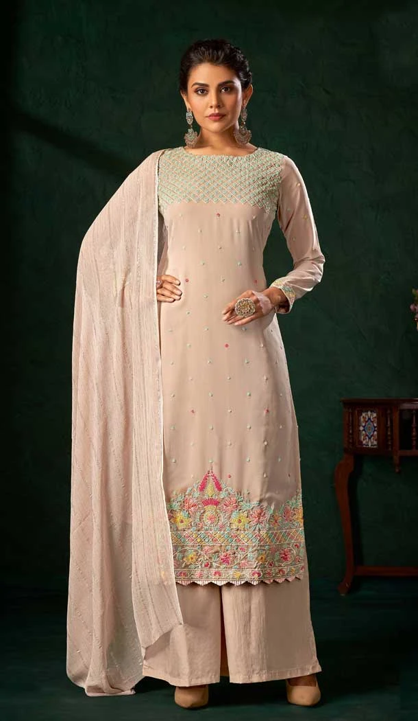 Traditional Pure Viscose With Embroidery Party Wear Palazzo Salwar Kameez In Beige - 8221181161