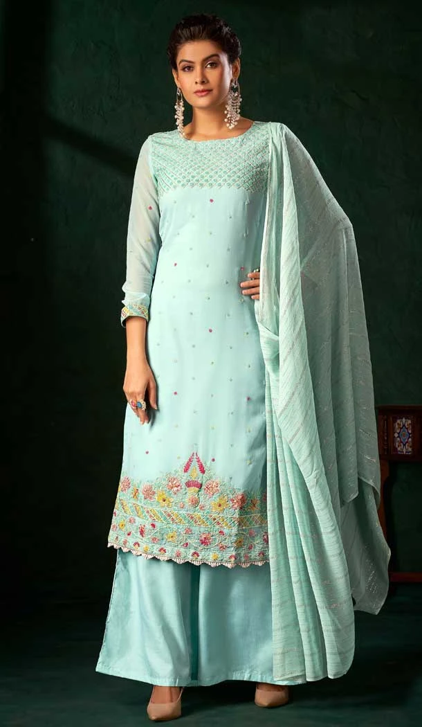 Traditional Pure Viscose With Embroidery Party Wear Palazzo Salwar Kameez In Sky - 8221181162 Traditional Pure Viscose With Embroidery Party Wear Palazzo Salwar Kameez In Sky - 8221181162