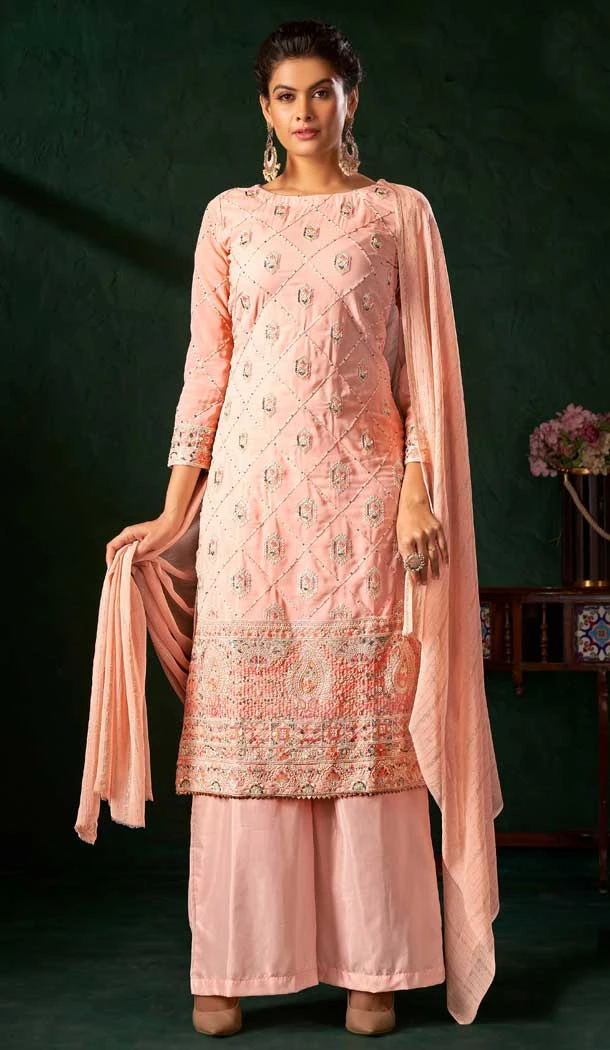 Traditional Pure Viscose With Embroidery Party Wear Palazzo Salwar Kameez In Peach - 8221181164