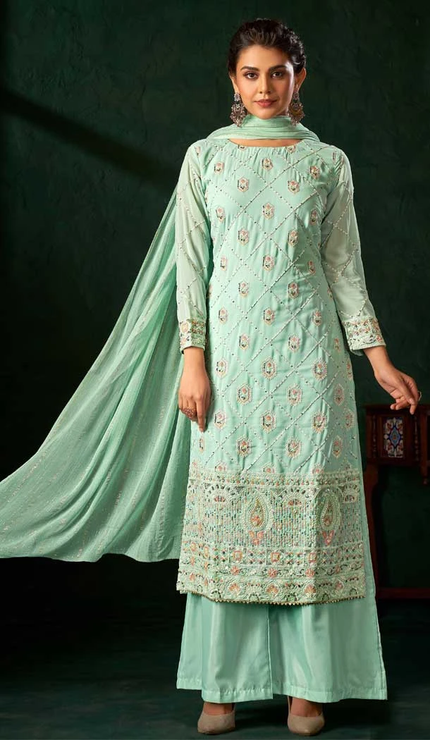 Traditional Pure Viscose With Embroidery Party Wear Palazzo Salwar Kameez In Mint Green - 8221181165
