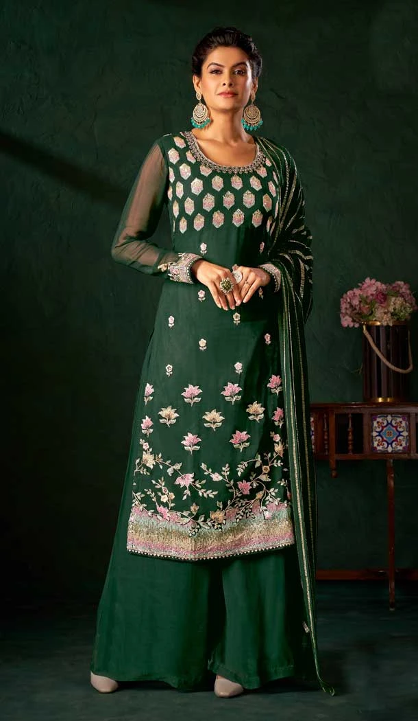 Traditional Pure Viscose With Embroidery Party Wear Palazzo Salwar Kameez In Green - 8221181166