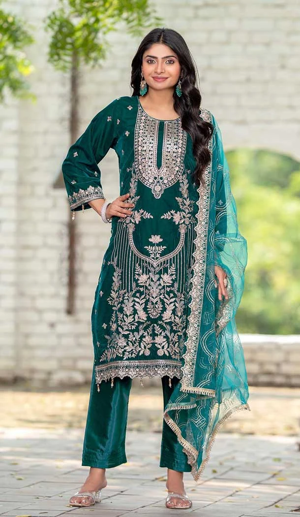 Teal Blue Velvet Embroidered Party Wear Pakistani Salwar Suit - 11194199551