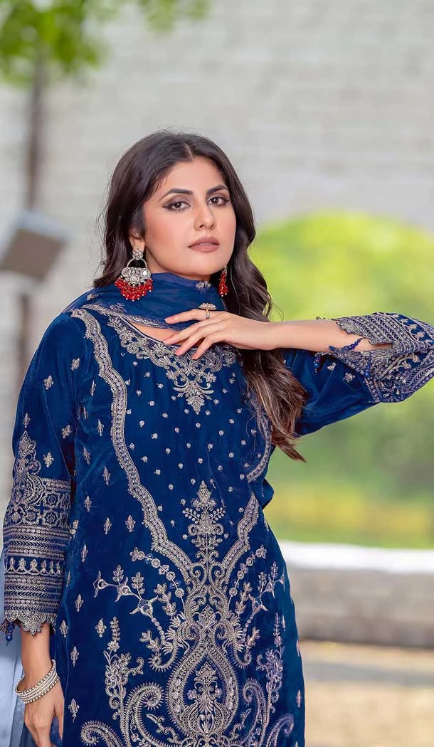 Navy Blue Velvet Embroidered Party Wear Pakistani Salwar Suit - 11194199553