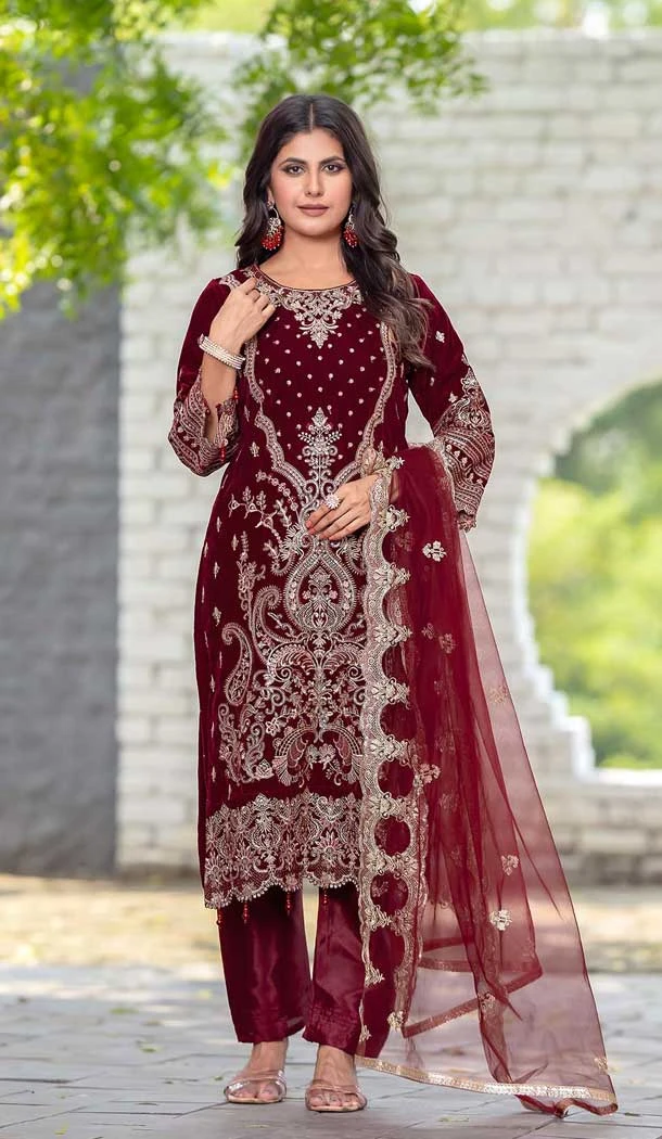 Maroon Velvet Embroidered Party Wear Pakistani Salwar Suit - 11194199554