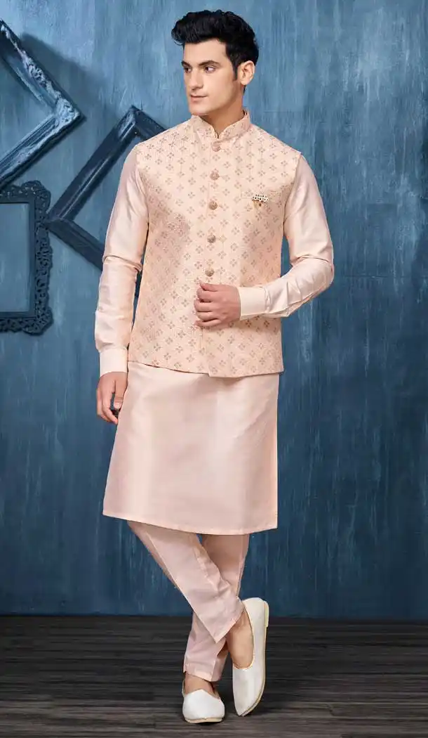 Peach Banarasi Silk Resham Work Men Readymade Kurta Pajama With Jacket - 8232181268
