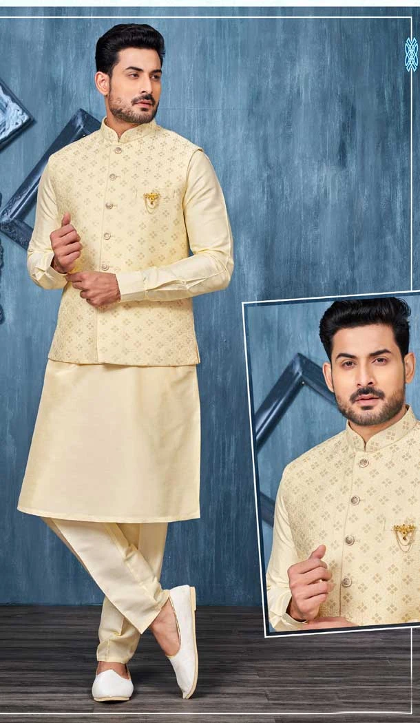 Yellow Banarasi Silk Resham Work Men Readymade Kurta Pajama With Jacket - 8232181269