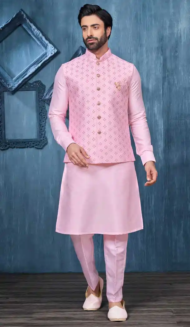 Pink Banarasi Silk Resham Work Men Readymade Kurta Pajama With Jacket - 8232181270