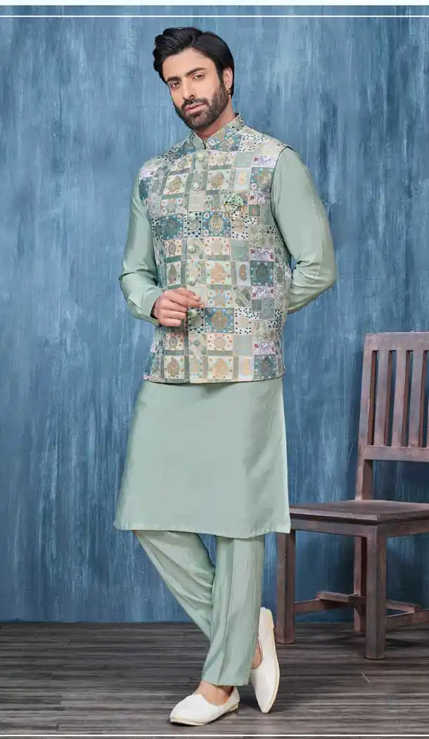 Green Jacquard Woven Work Men Readymade Kurta Pajama With Jacket - 8232181273