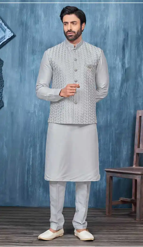 Grey Banarasi Silk Resham Work Men Readymade Kurta Pajama With Jacket - 8232181278